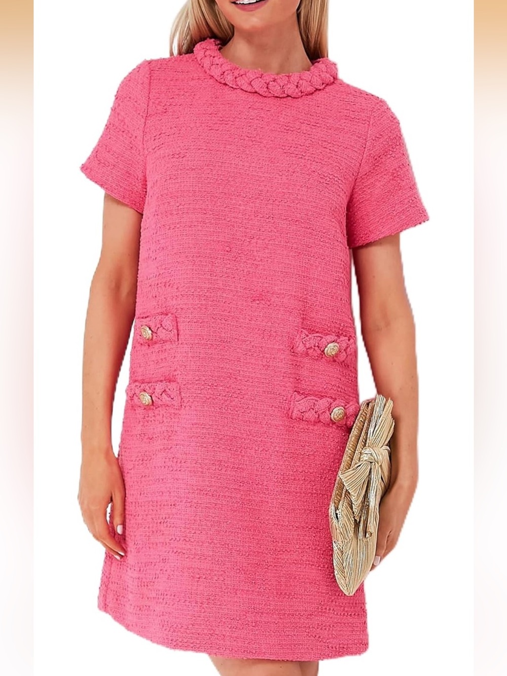 Pink  Tweed Jackie Dress Large  Braided Trim Mini Shift Gold Button